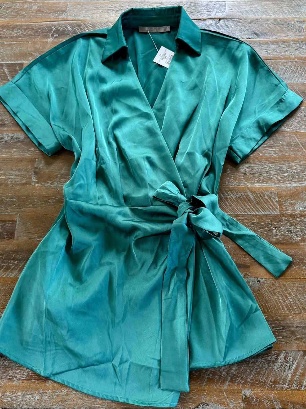 Buckle Teal Satin Wrap Short Sleeve Blouse